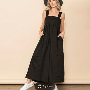 Unique Vintage Black Wide-Strap Jumpsuit with Pockets